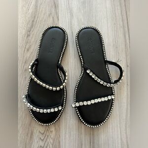 New Schutz 7.5 Black Rhinestone Studded Strappy Sandals